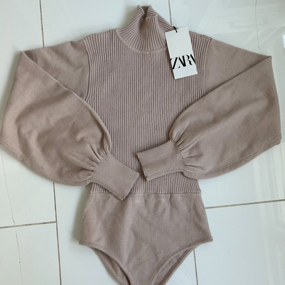 Zara Taupe Ribbed Turtleneck Bodysuit with Balloon Sleeves